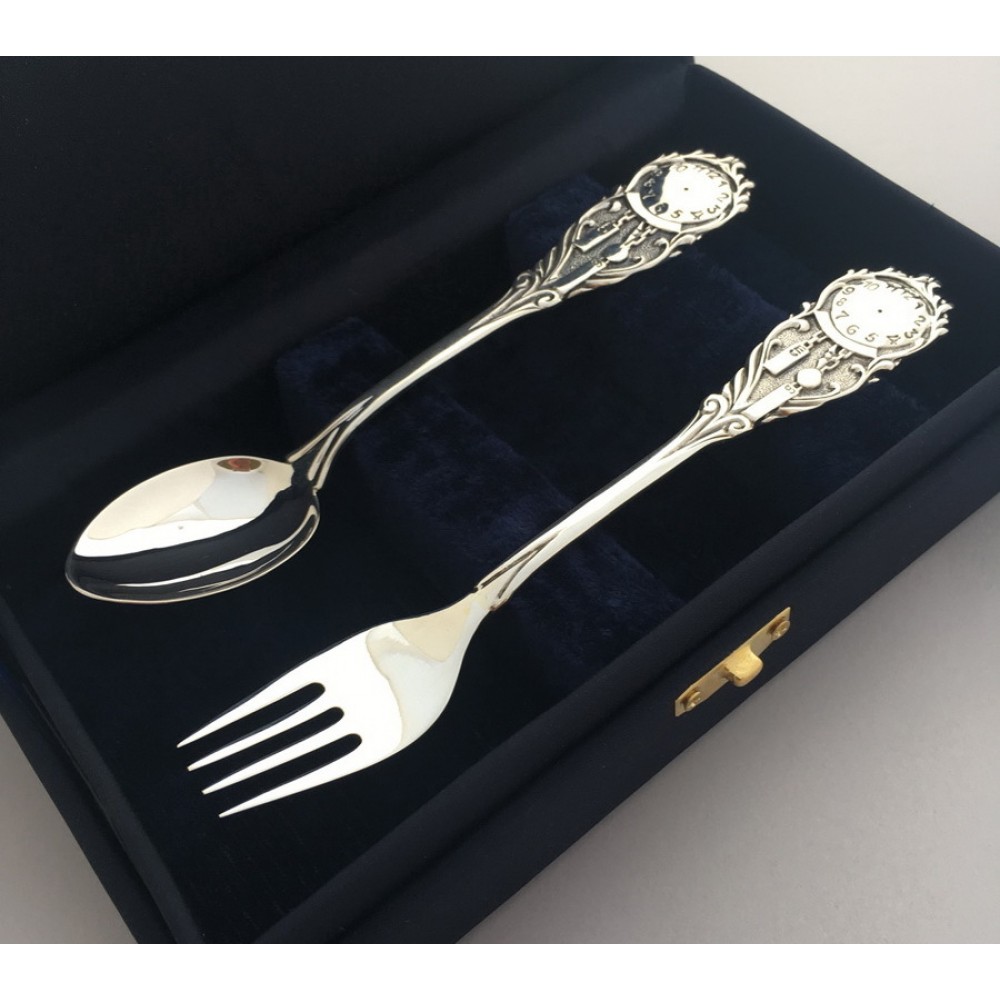 Набір дитячого срібного посуду Годинник (ложка+виделка) БР-435048