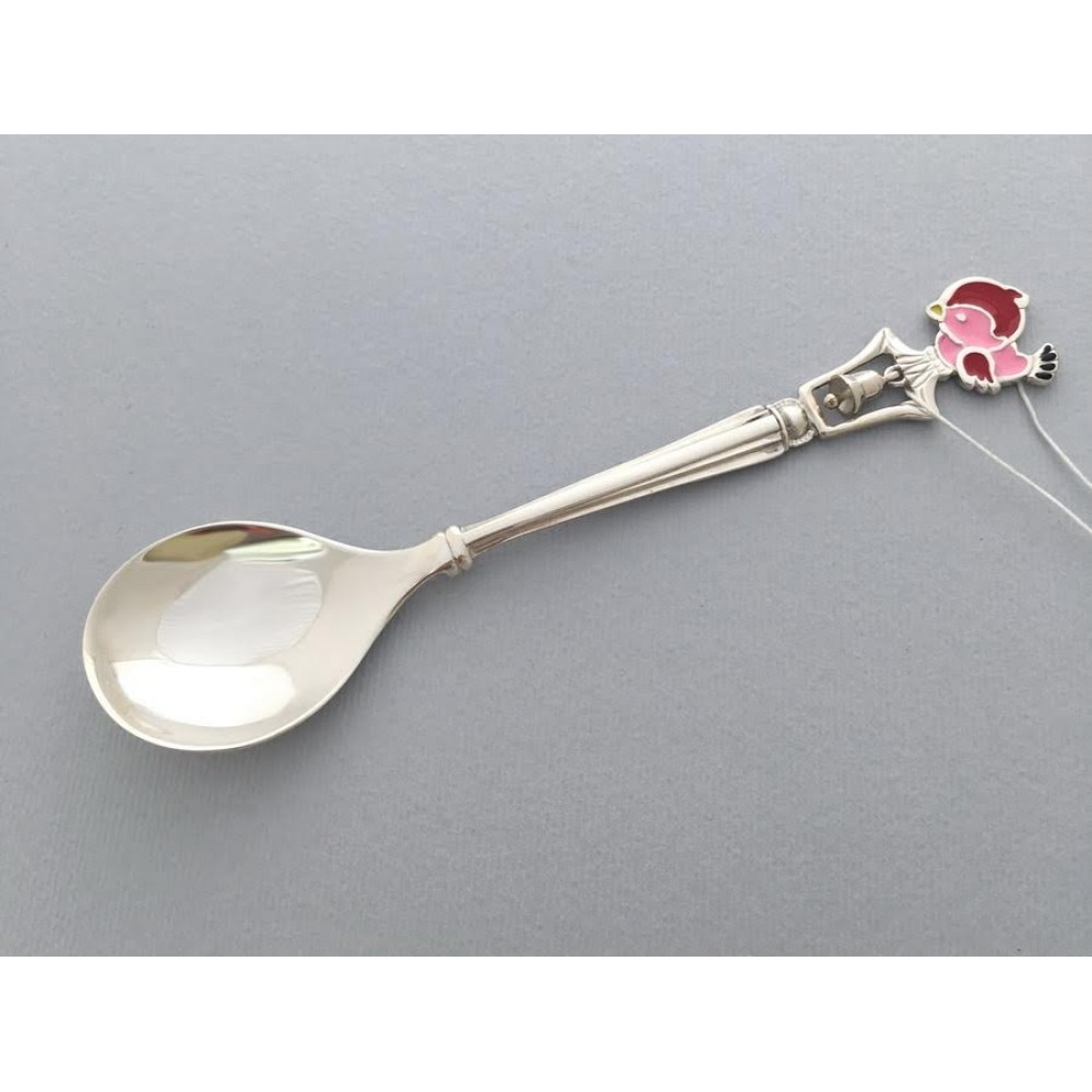 Срібна ложка з емаллю та дзвіночком Горобчик БР-29