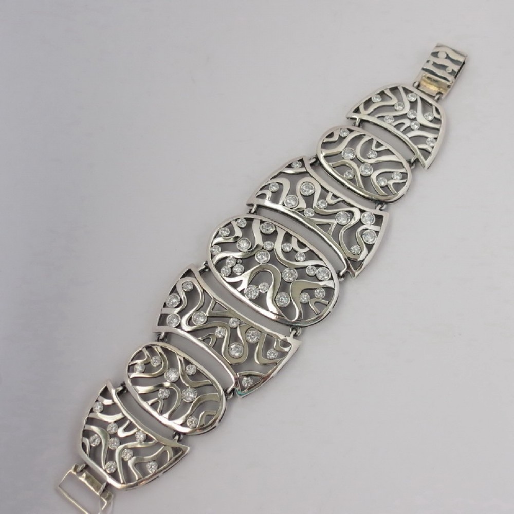 Серебряный браслет широкий с камнями в восточном стиле бр-10226