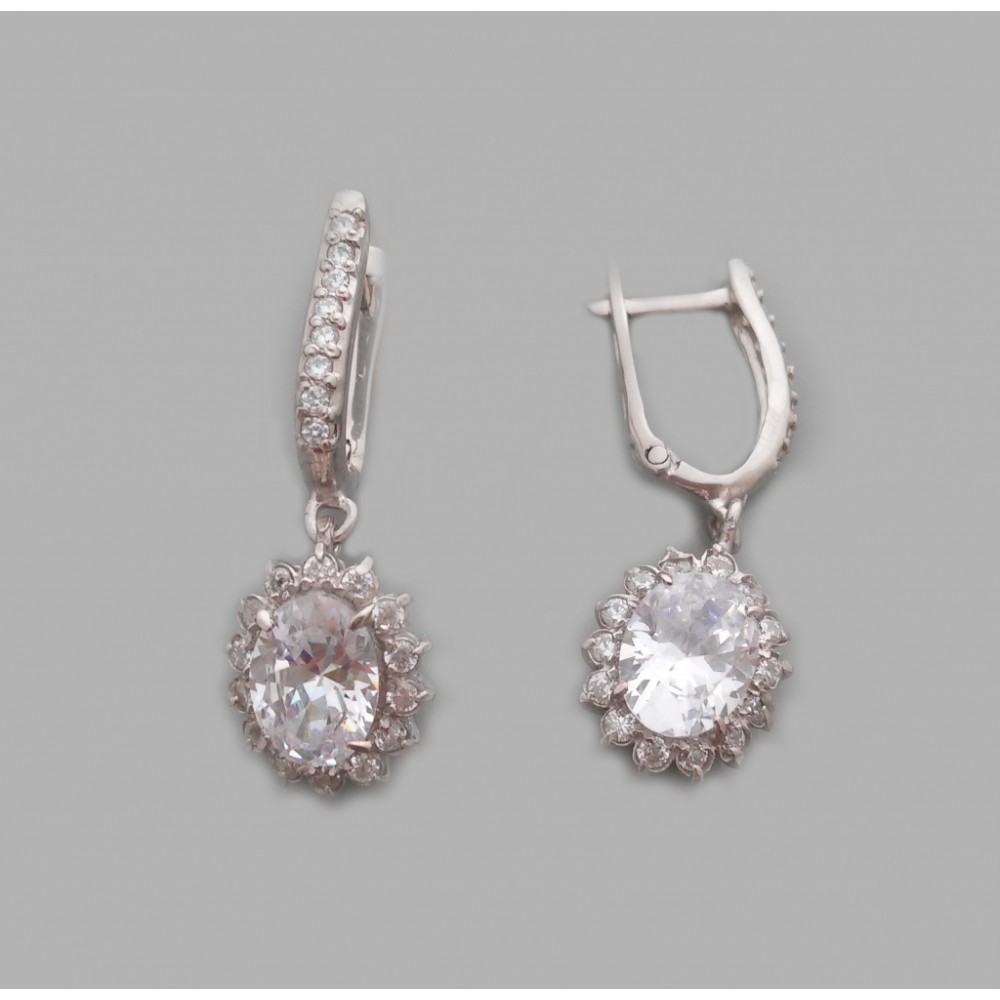 Серебряные серьги-подвески «Зара» с белым камнем, серебро 925 пробы, БР-1112141