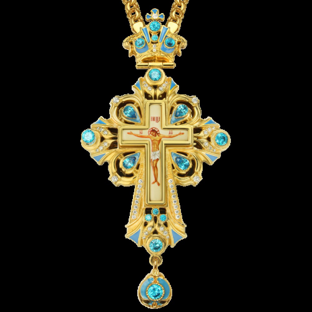 Крест наперсный латунный в позолоте с принтом и вставками 2.10.0098ЛП-2