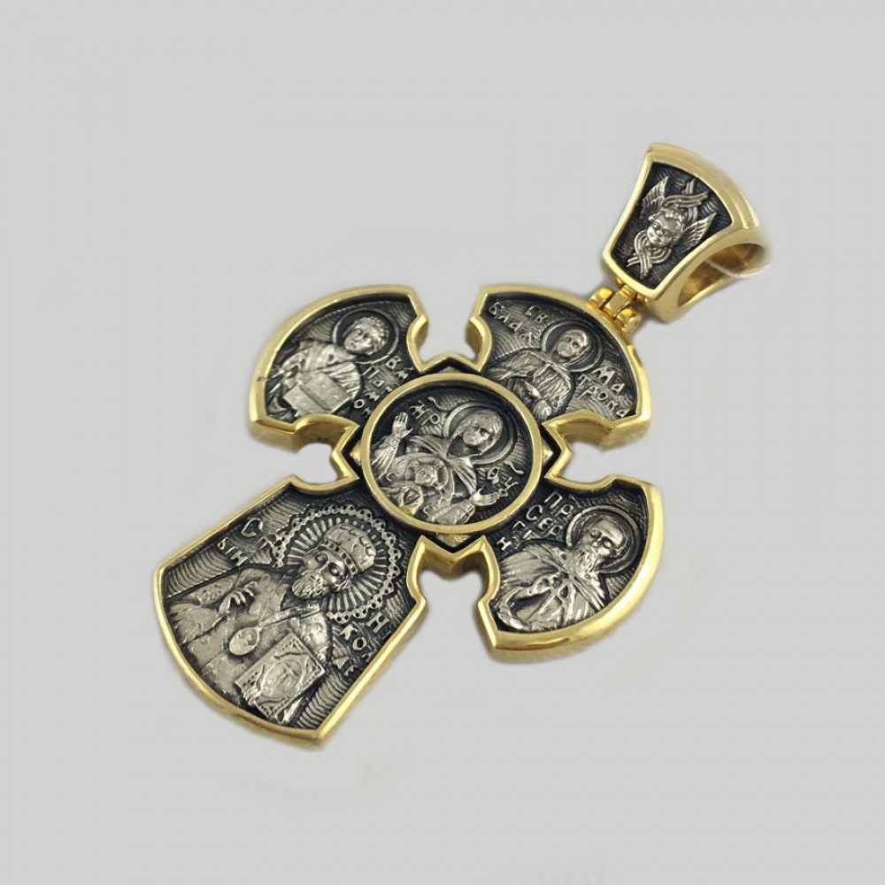 Срібний двусторонній хрест з ліками святих ЛЗ-34022-1