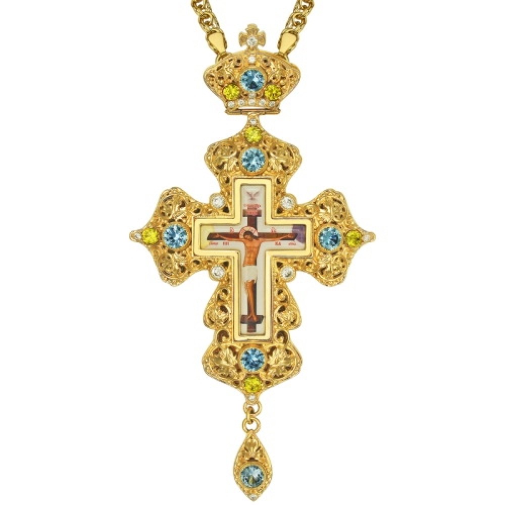 Крест латунный в позолоте с принтом и вставками 2.10.0163ЛП-2
