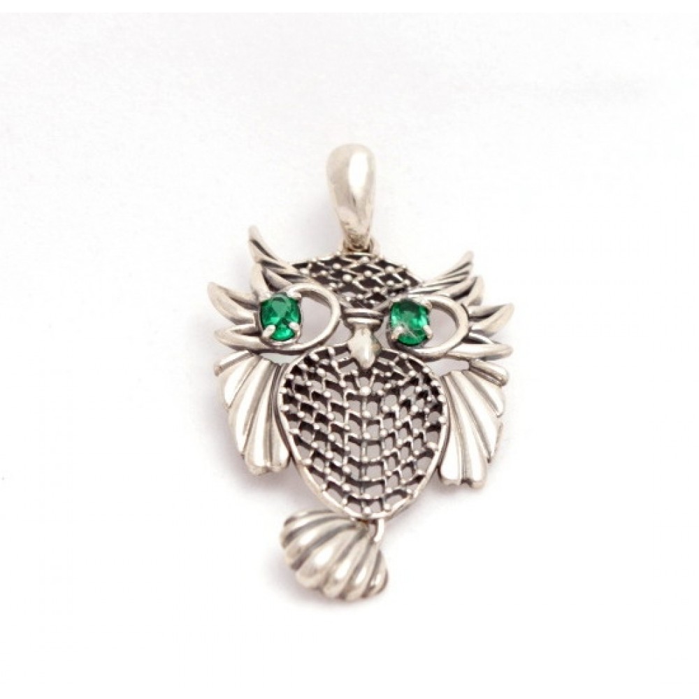 Срібний кулон Сова із зеленими очима 925 проби
