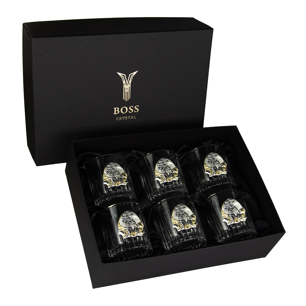 Набор хрустальных бокалов для виски ОРЕЛ инкрустация серебро с золотом 6шт