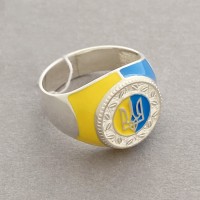Серебряное кольцо мужское с гербом Украины и эмалью бр-0053721/2