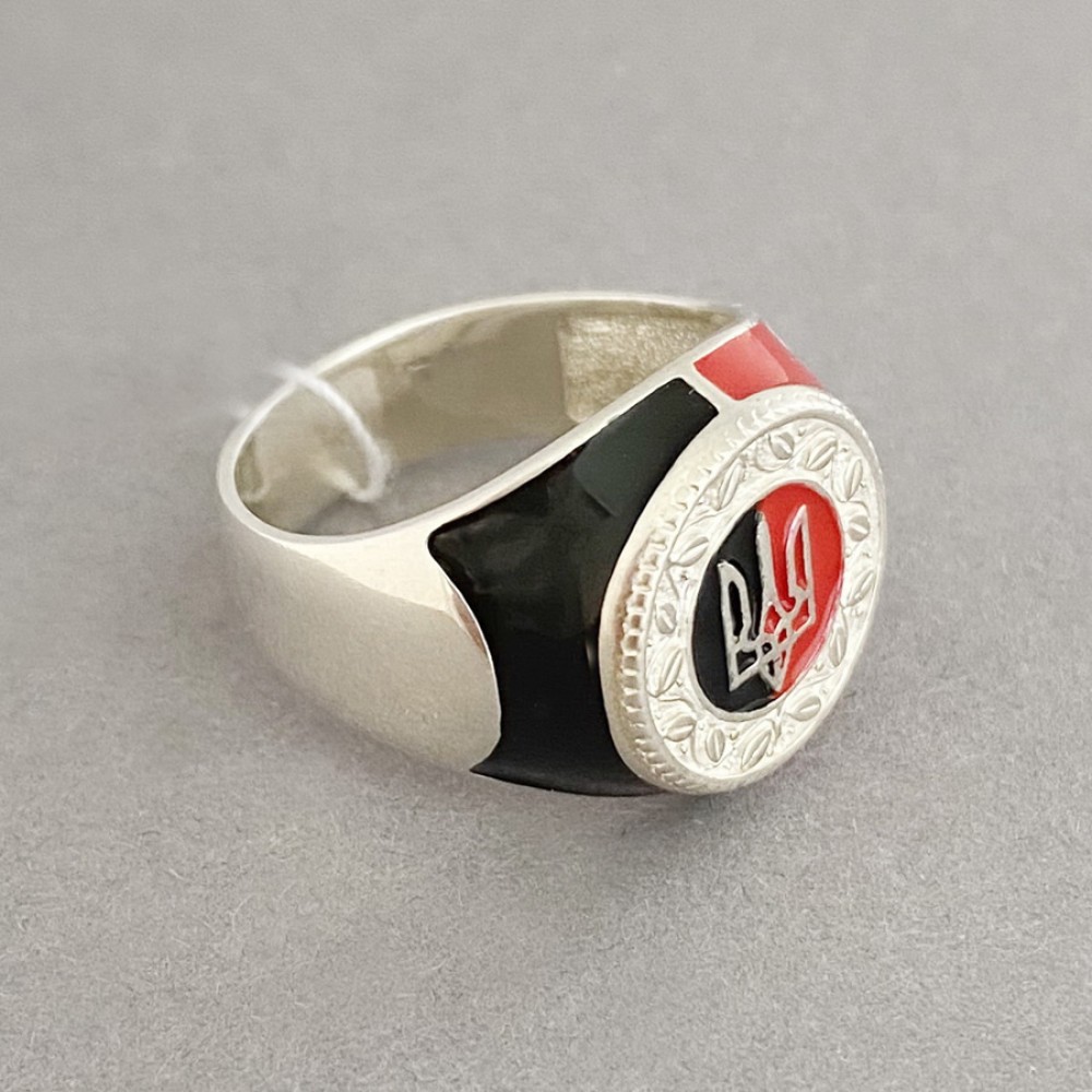 Срібний перстень чоловічий з гербом України та емаллю бр-0053721