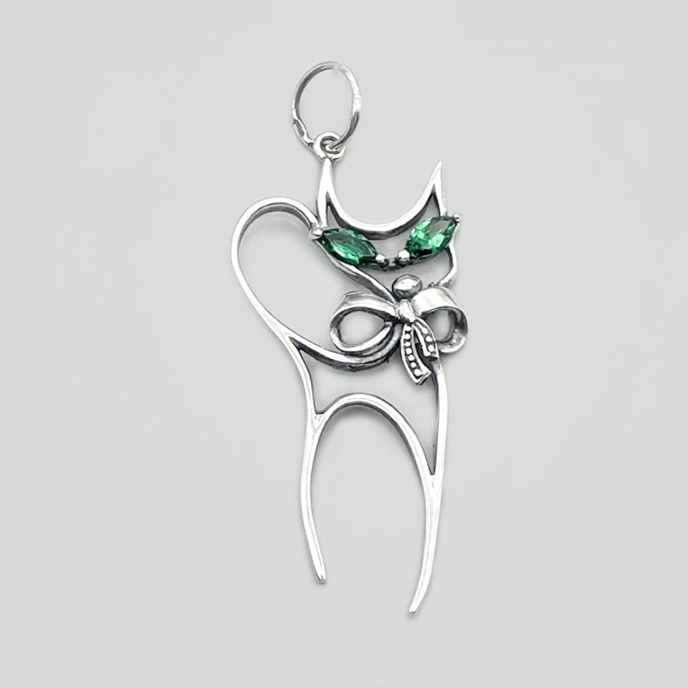 Срібний кулон Кіт із зеленими очима БР-1057731