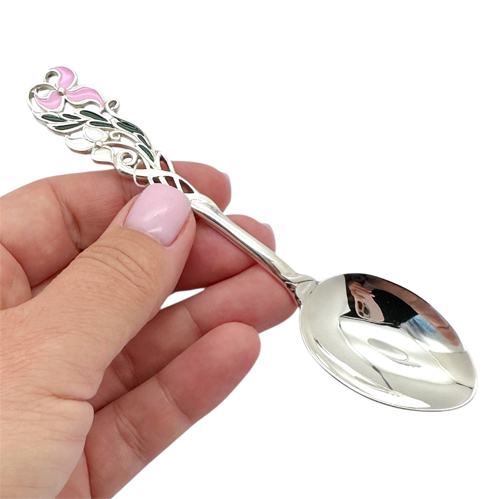 Серебряная ложка чайная «Подснежник» с эмалью, серебро 925