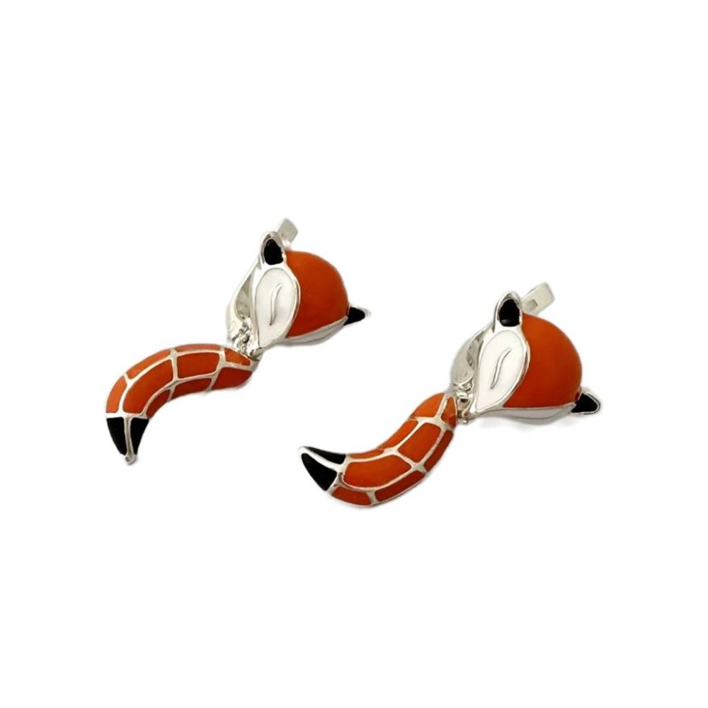 Срібні сережки з емаллю Лисиця, срібло 925
