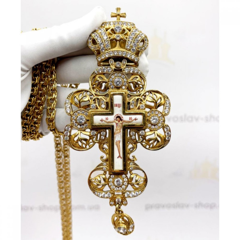 Крест латунный в позолоте с принтом, вставками и цепью 2.10.0117ЛП-21ЛП
