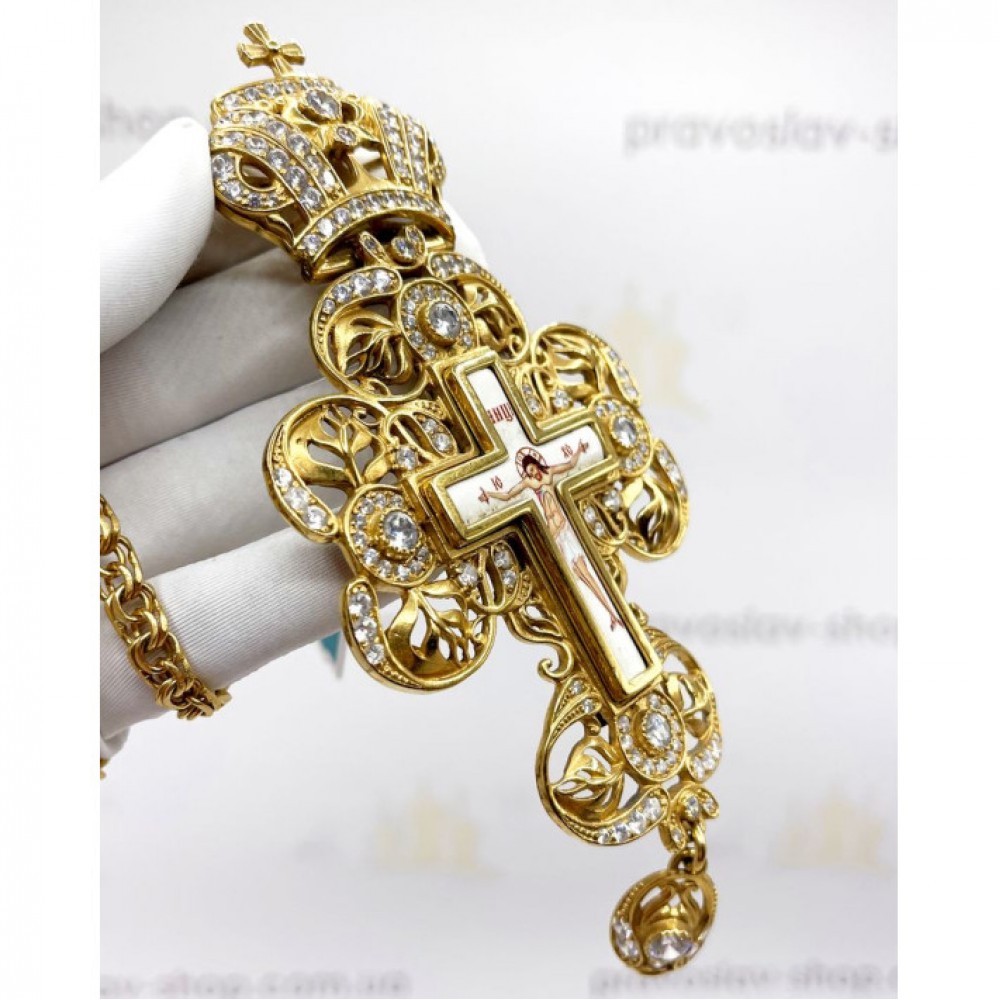 Крест латунный в позолоте с принтом, вставками и цепью 2.10.0117ЛП-21ЛП