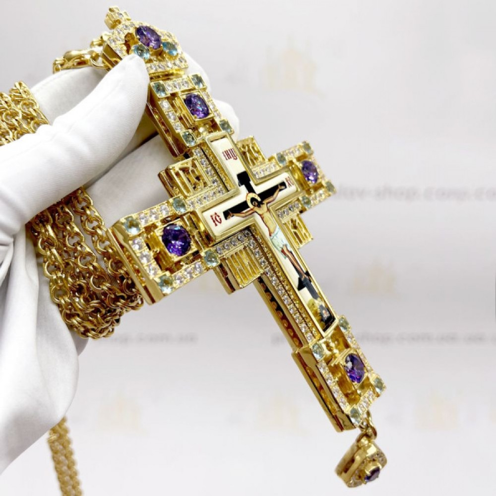 Крест латунный в позолоте с принтом и цепью 2.10.0148ЛП-21ЛП