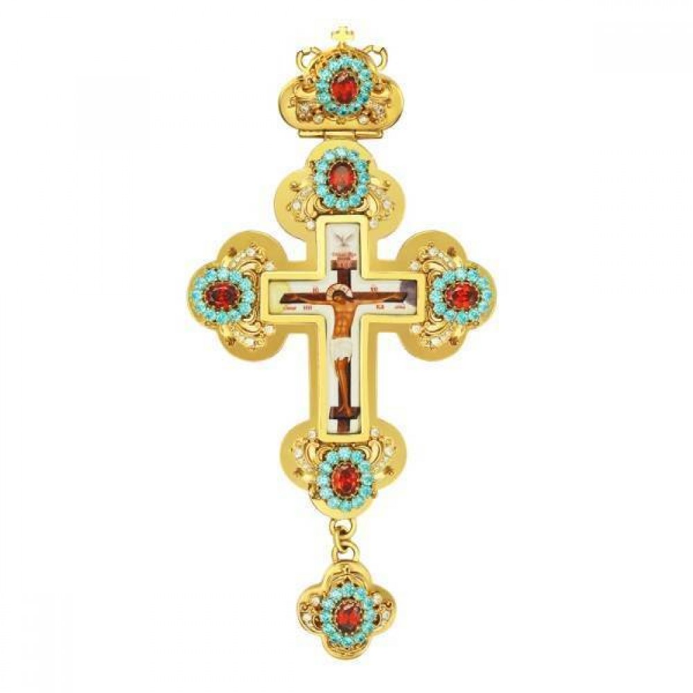 Крест для священника латунный в позолоте с принтом и вставками 2.10.0132ЛП-2