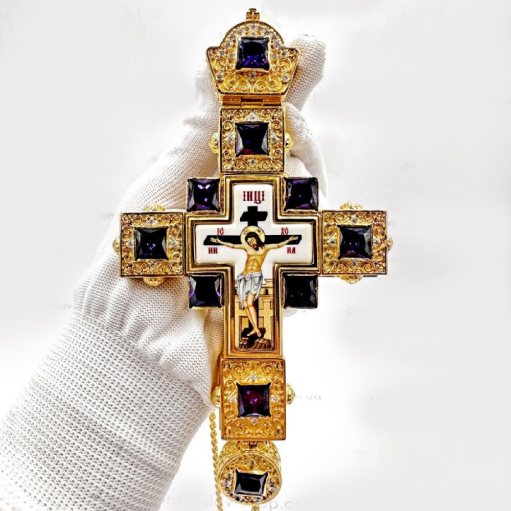 Крест латунный с цепью в позолоте со вставками и принтом 2.10.0155ЛП-21ЛП