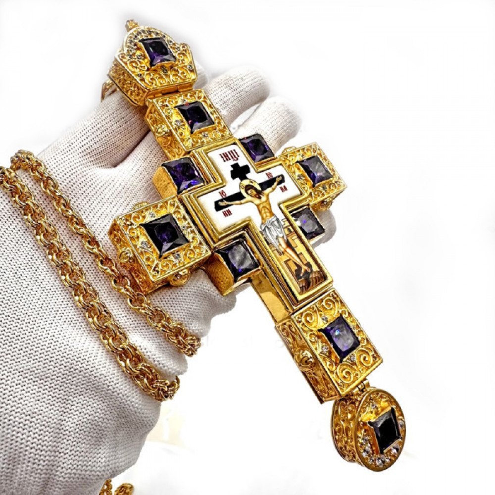 Крест латунный с цепью в позолоте со вставками и принтом 2.10.0155ЛП-21ЛП