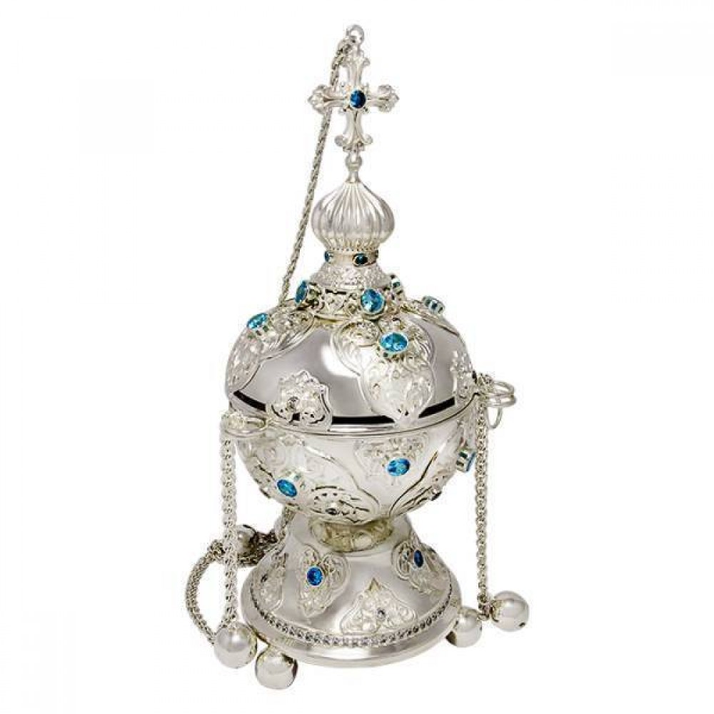 Кадило латунне в срібленні з блакитним камінням аг-2.7.0710Л