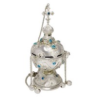 Кадило латунное в серебрении с голубыми камнями аг-2.7.0710Л